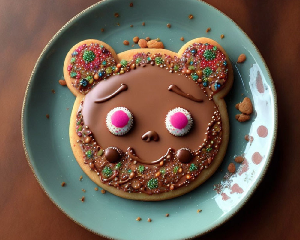 Colorful icing bear-shaped cookie on blue plate with sprinkles