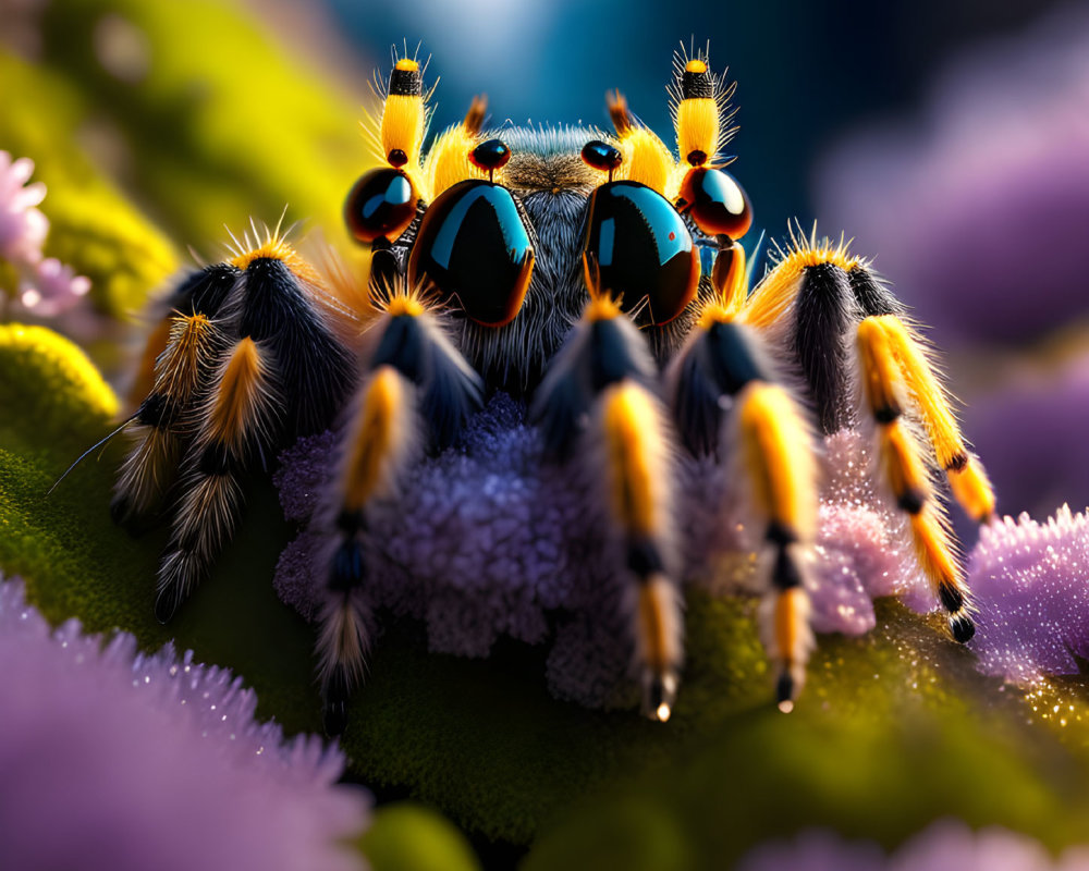 Colorful Jumping Spider Close-Up on Purple Flower with Reflective Eyes