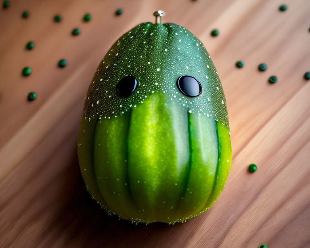 Watermelon with googly eyes on wooden surface, green beads around