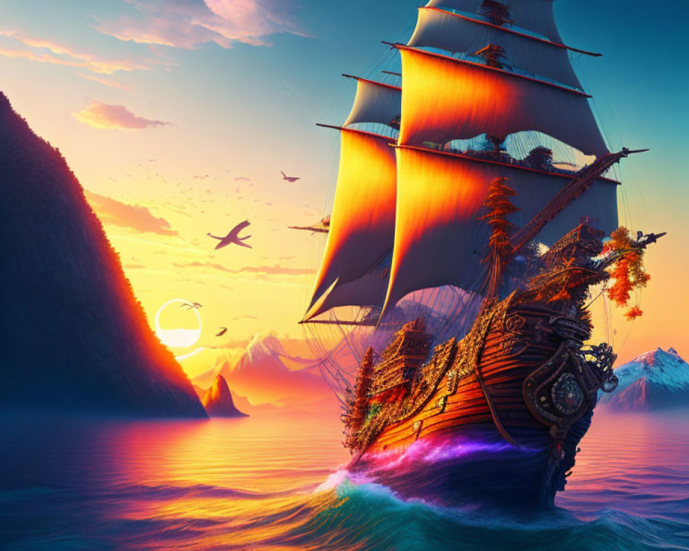 Majestic sailing ship with orange sails on tranquil ocean at sunset