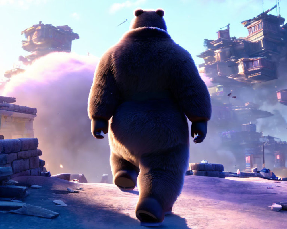 Animated bear strolls through misty urban setting