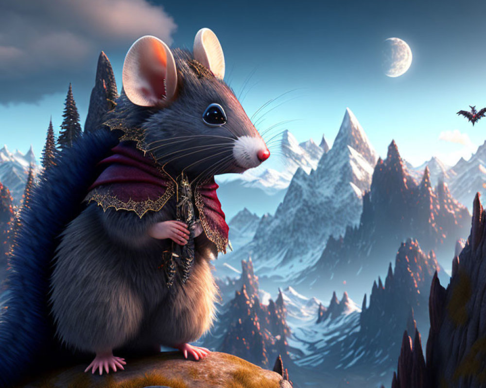 Animated mouse in cape gazes at fantasy landscape with dragon under crescent moon