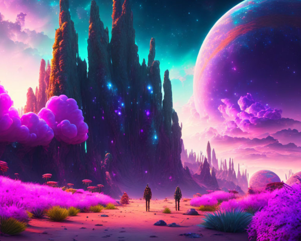 Alien world with towering rock formations, pink vegetation, purple sky, and large planet.