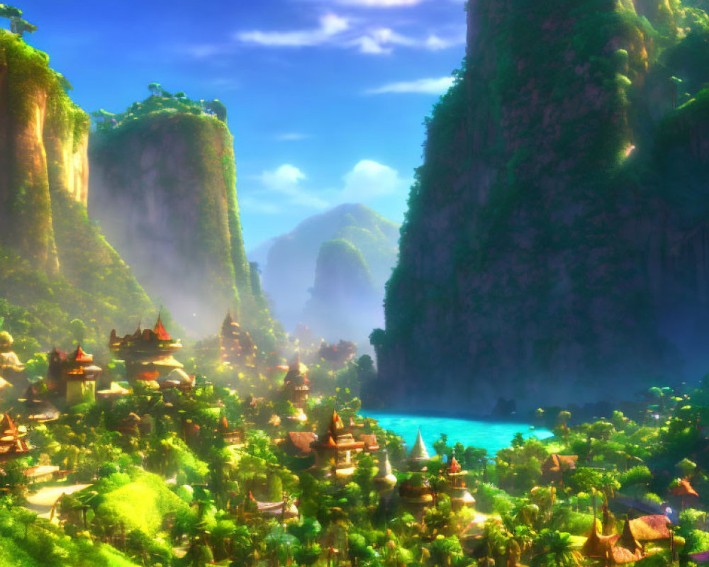 Sunlit fantasy landscape with green cliffs, river, and traditional buildings.