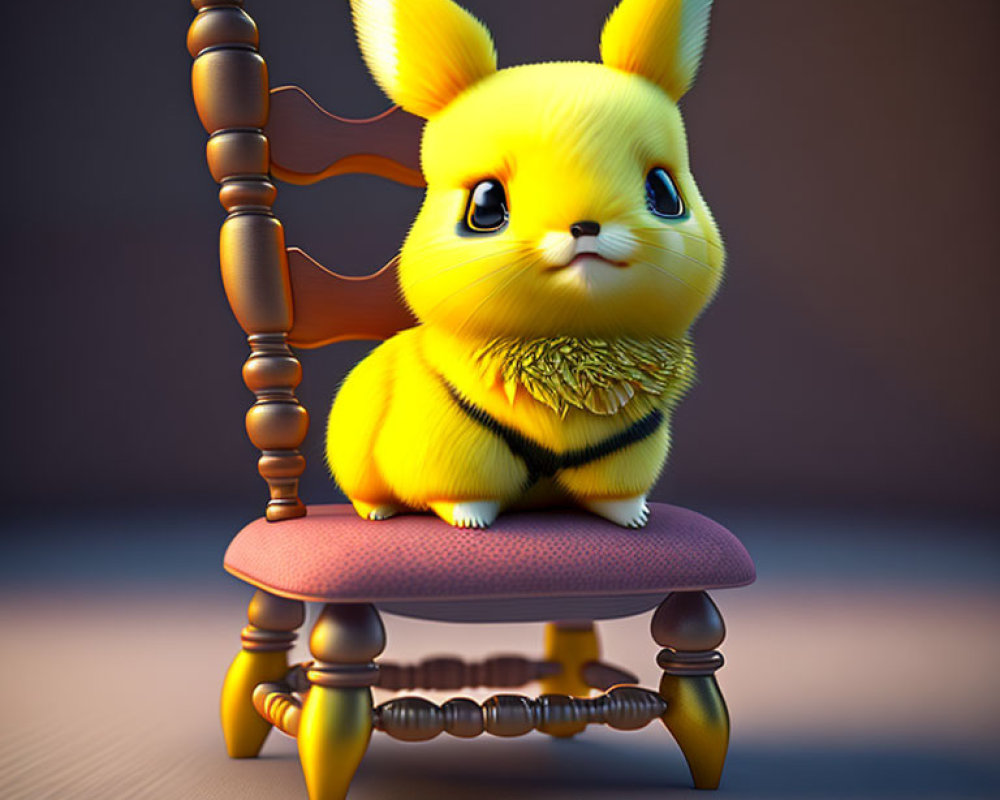 Stylized yellow creature on antique wooden chair - 3D illustration