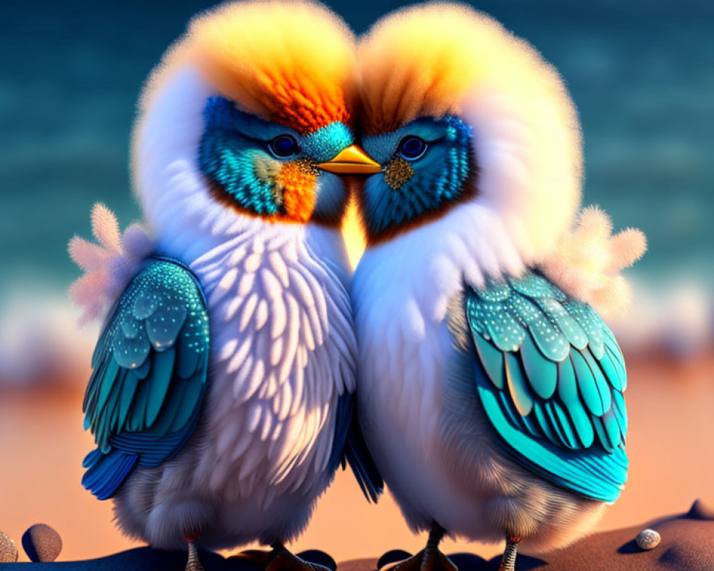 Vibrant stylized birds with white feathers and blue markings on a sandy beach at dusk