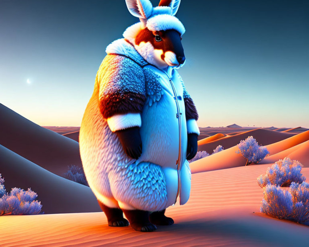 Stylized kangaroo in blue jacket in desert twilight