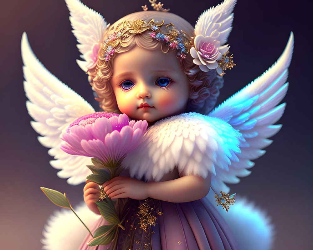 Cherubic figure with white wings holding pink flower in lavender dress