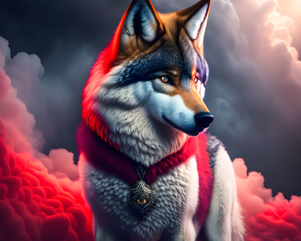 Colorful Wolf Portrait Against Dramatic Sky