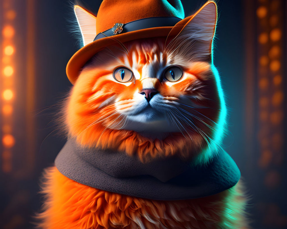 Orange Cat in Fedora and Cloak with Blue Eyes and Lighting