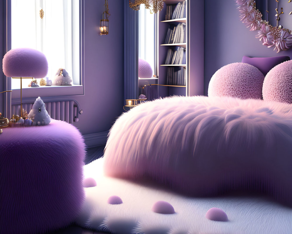 Purple-themed Room with Fluffy Furniture and Decorative Lights