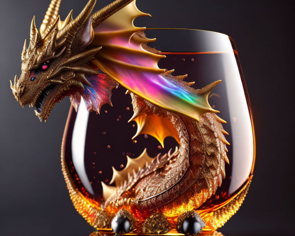 Golden dragon emerges from whiskey glass on dark backdrop with rainbow effect.