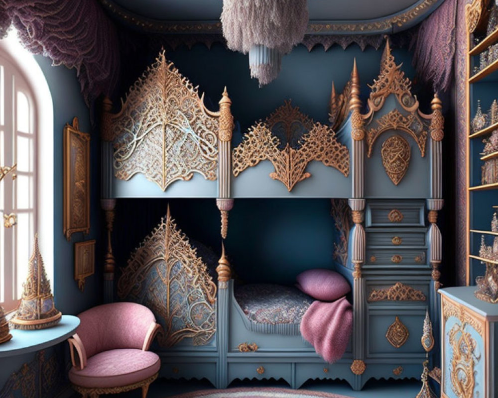 Victorian-style room with wooden panels, four-poster bed, pink chair, large window & dr