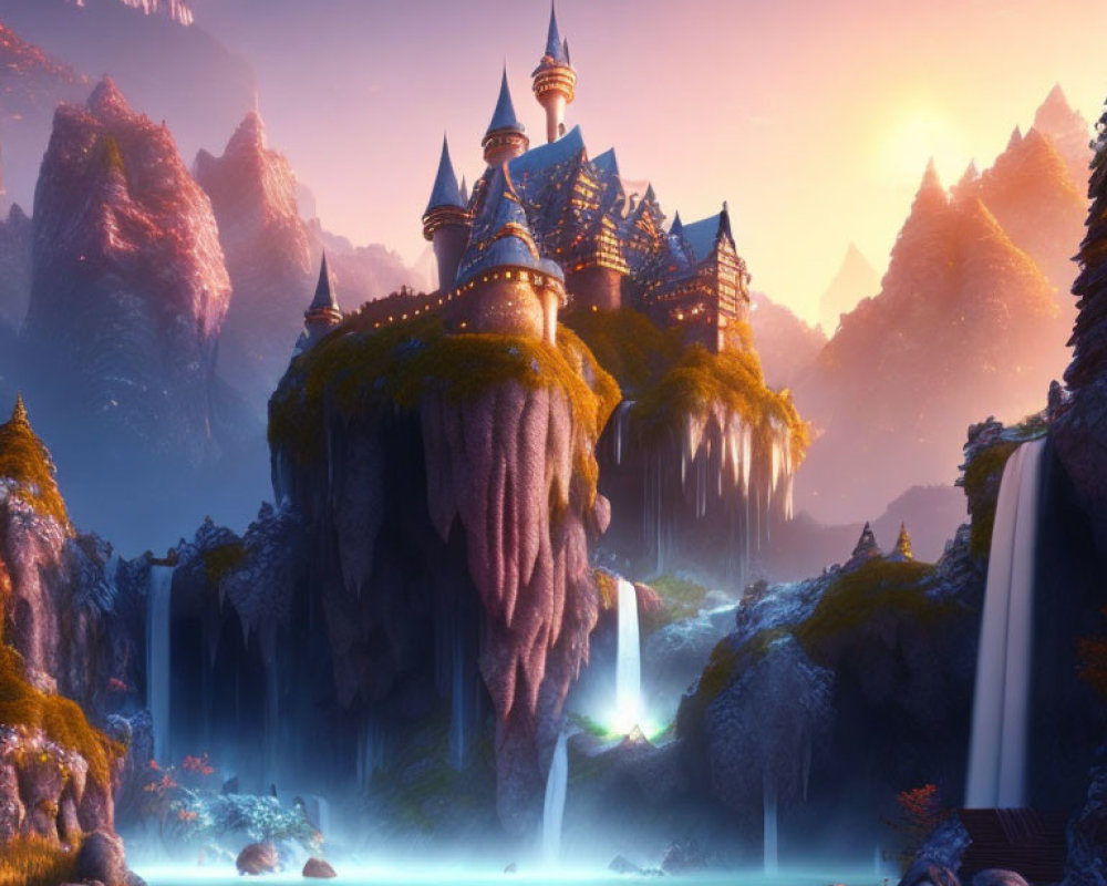 Majestic fantasy castle on cliff with waterfalls, lake, mountains at twilight