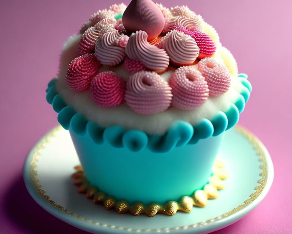 Colorful Cupcake with Pink and White Icing on Blue Base