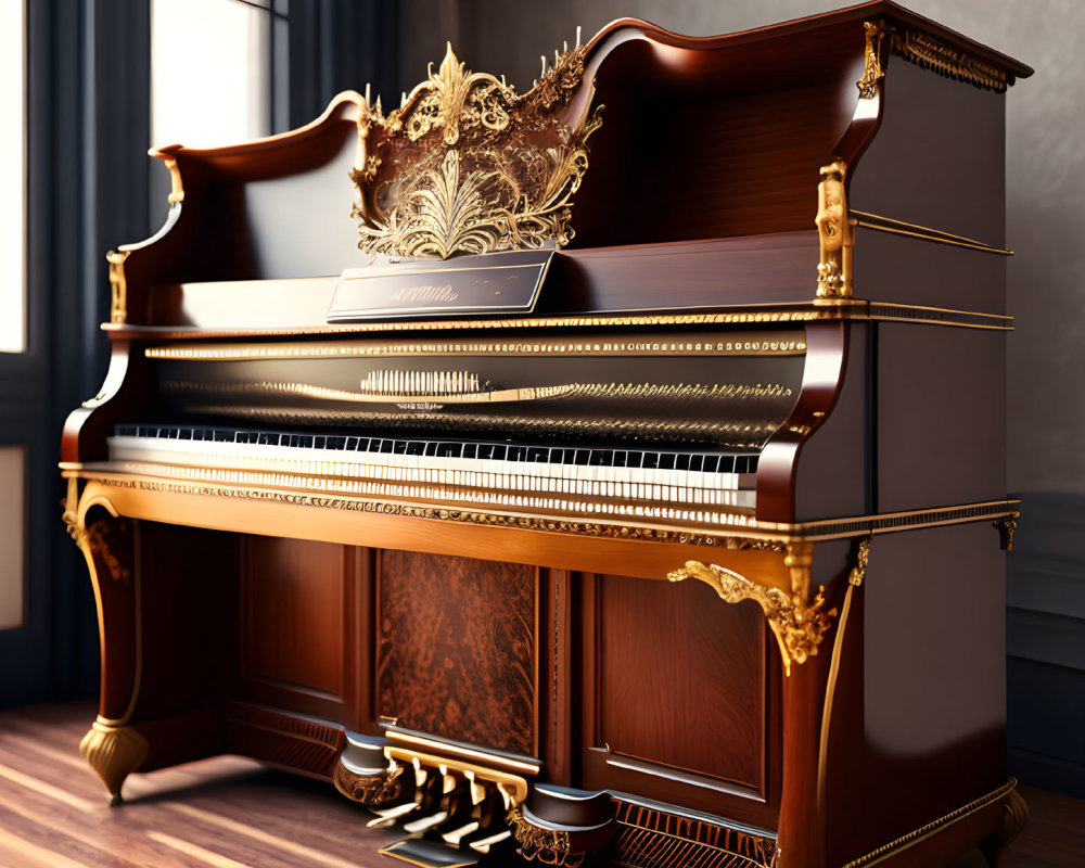 Luxurious grand piano with gold details in dark room