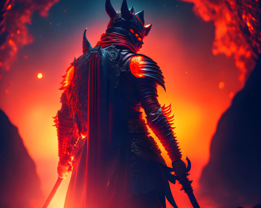 Armored figure with demonic helm in fiery backdrop holding a chain