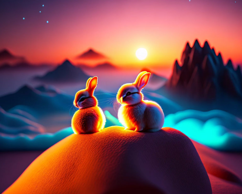 Rabbits on sand dune at sunset with mountains and starry sky