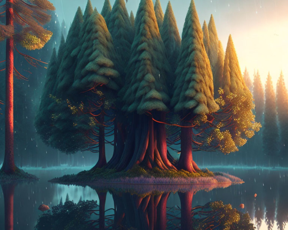 Tranquil lake reflects twilight forest scene