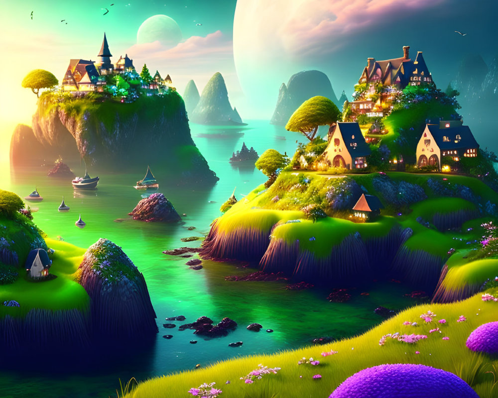 Fantasy landscape with illuminated houses, moonlit sky, and lush cliffs