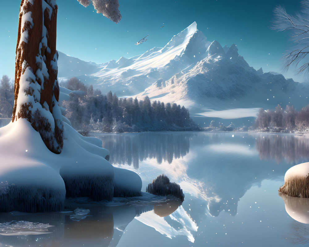 Snow-covered trees, reflective lake, mountain range: Tranquil winter scene