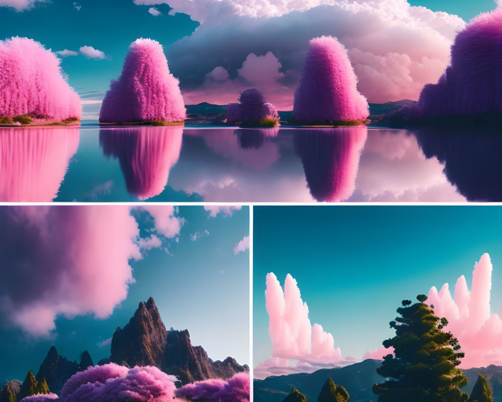 Surreal pink trees in vibrant landscapes with tranquil waters