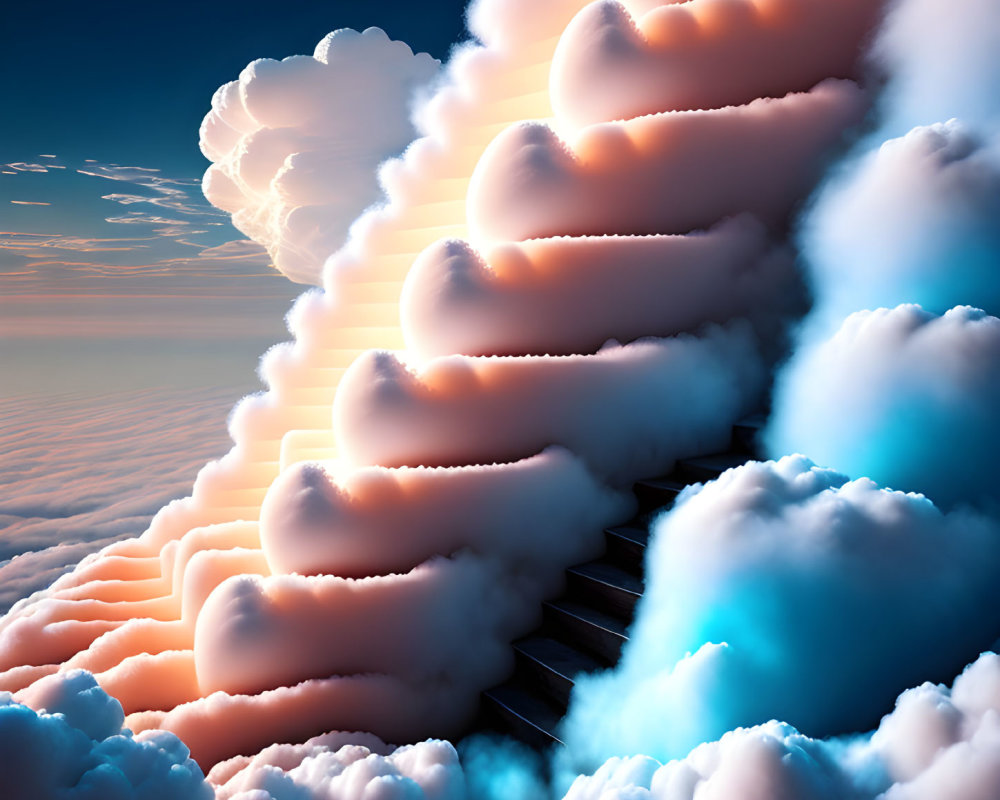 Vibrant surreal staircase in blue, orange, and white clouds