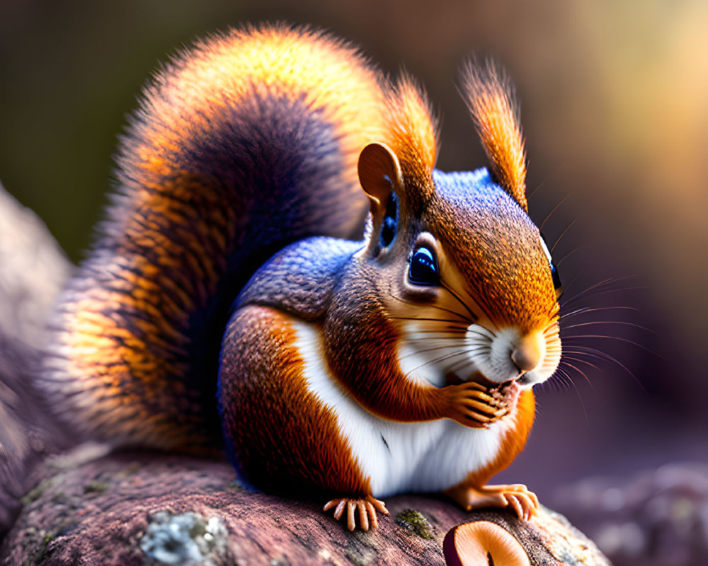 Fluffy squirrel eating nut on tree branch in serene natural scene