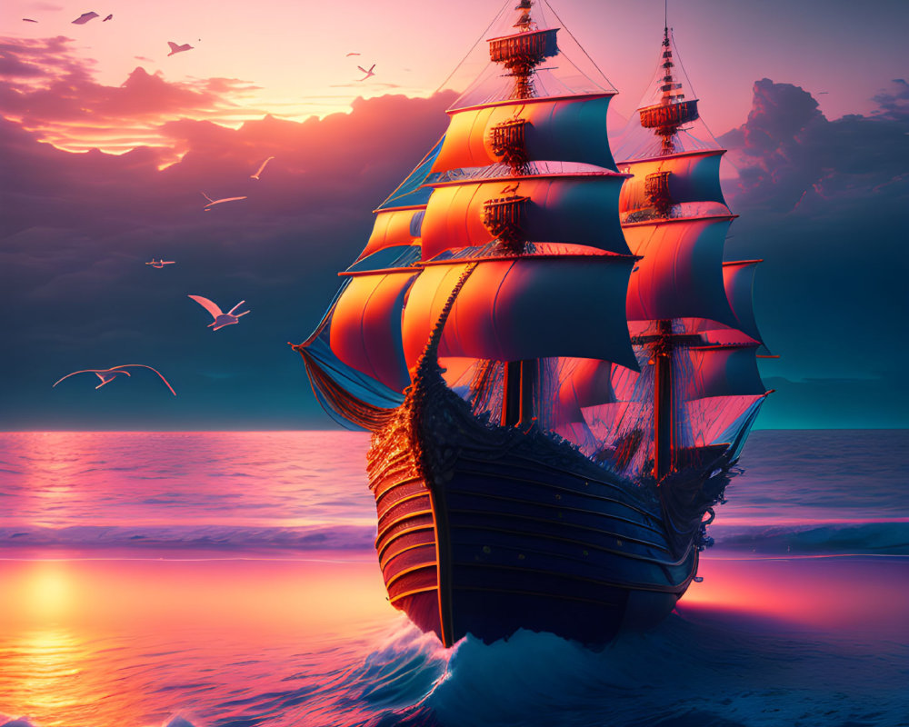 Majestic sailing ship with illuminated sails on vibrant sunset ocean.