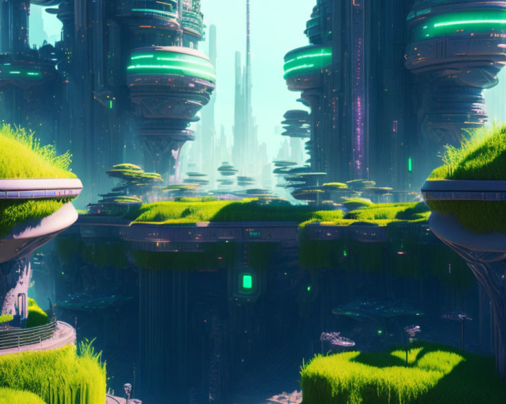 Futuristic cityscape with greenery on towering skyscrapers