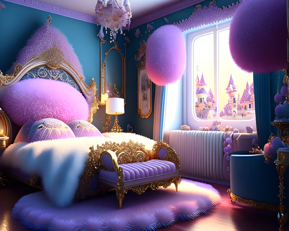 Whimsical purple and gold themed bedroom with fancy bed and fairytale castle view