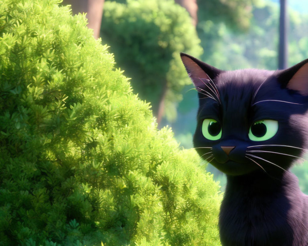 Black animated cat with green eyes in sunlit forest bush