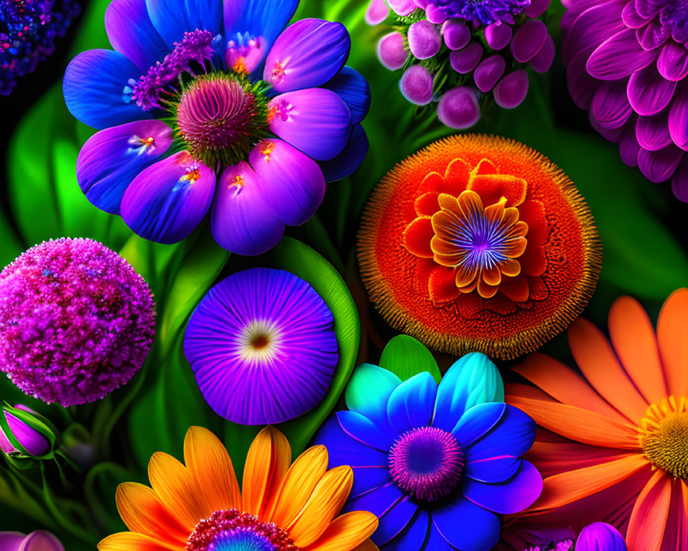 Colorful Flower Collection Featuring Blues, Purples, Oranges, and Pinks