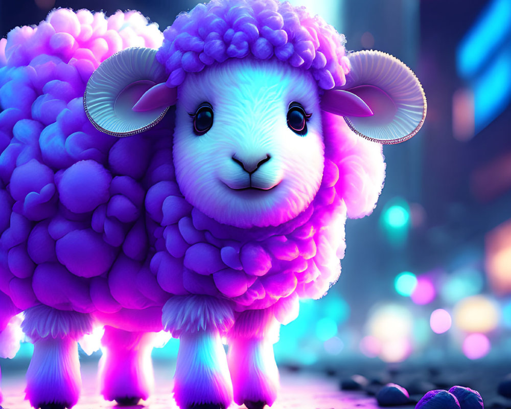 Fluffy purple sheep with smiling face in neon-lit cityscape