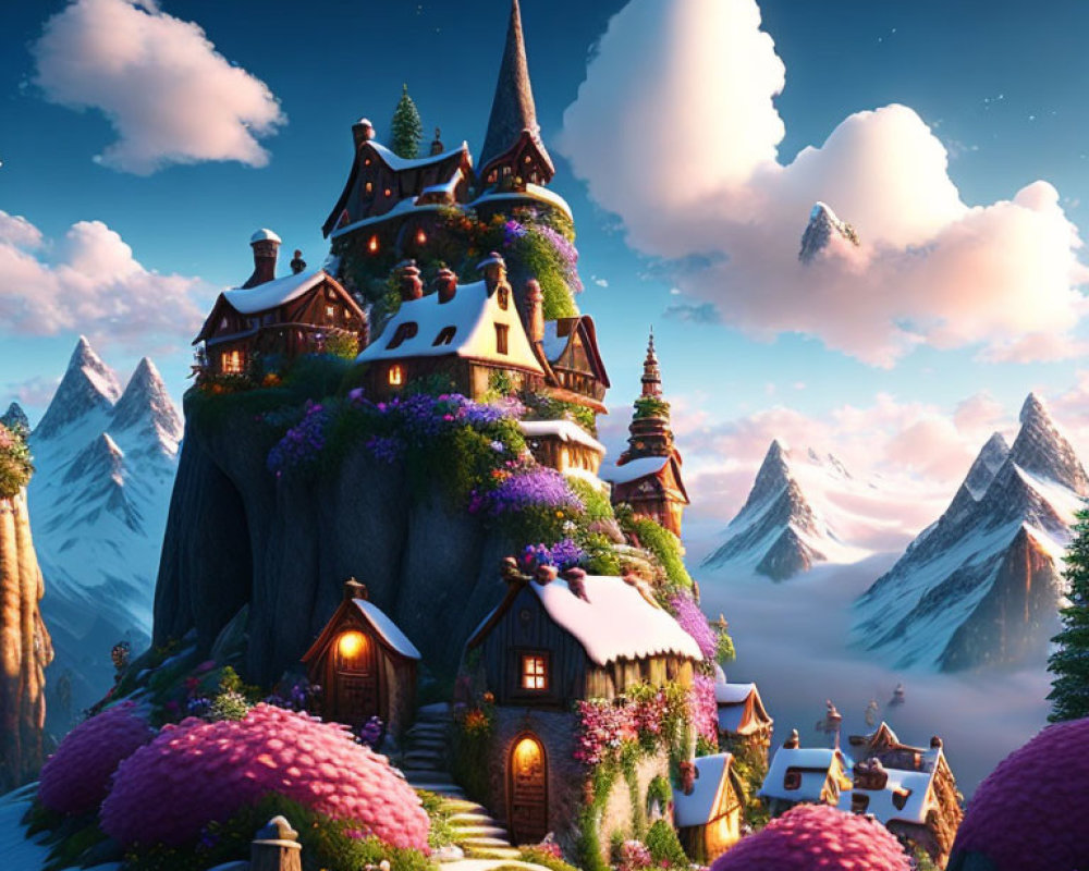 Whimsical fantasy village on rocky hill amid lush flora at sunset