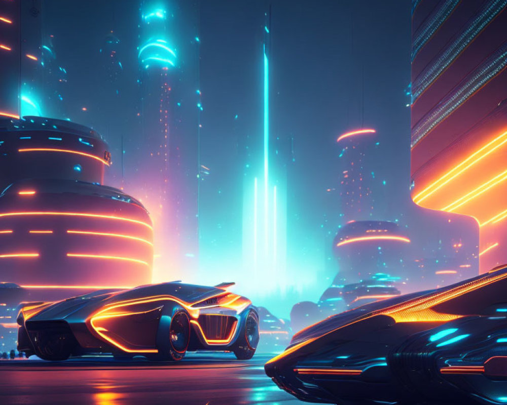 Neon-lit towers and flying cars in futuristic cityscape at dusk