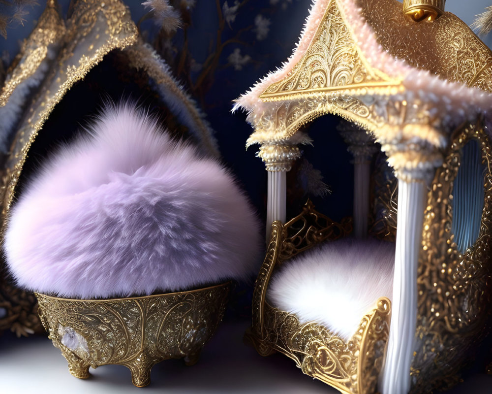 Luxurious golden thrones with white and purple cushions on frost-covered floral backdrop