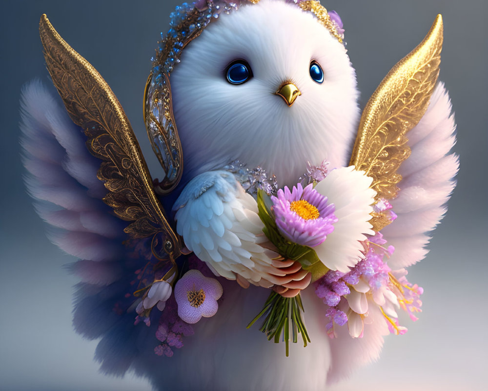 White Owl with Golden Wings and Floral Crown Holding Pink Flowers