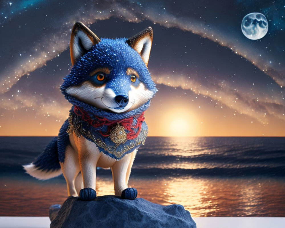 Blue Fox with Bandana on Rock at Sunset Ocean Scene