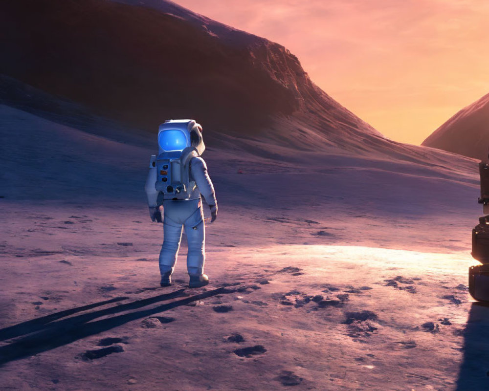 Astronaut in white space suit views serene martian landscape