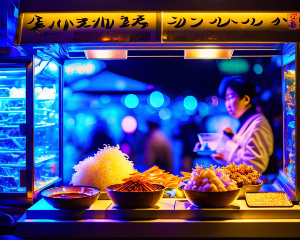 Colorful Night Market Food Stall with Illuminated Displays