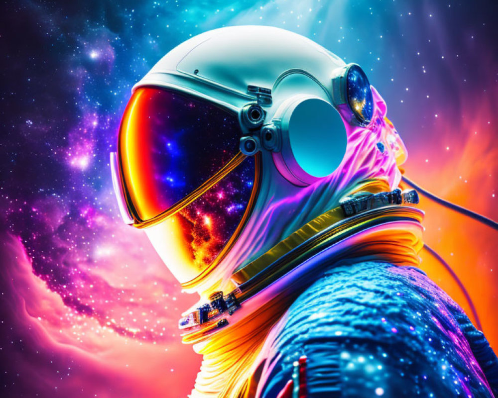 Astronaut with cosmic galaxy reflection in helmet visor and swirling nebulas.
