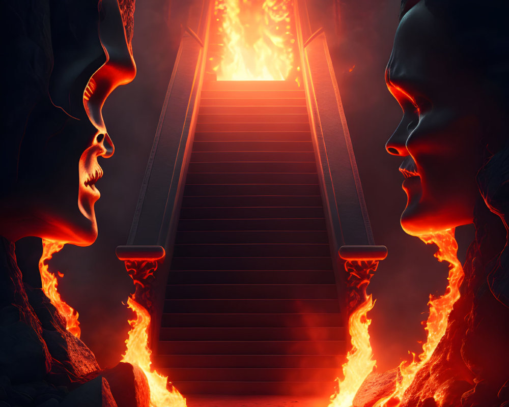 Colossal Stone Faces Flank Fiery Stairway in Hellish Scene