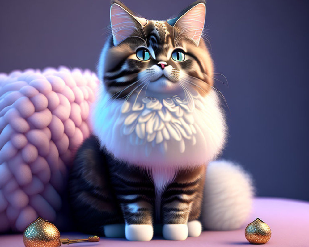 Blue-eyed cartoon cat with striped fur next to pink cushion and golden balls