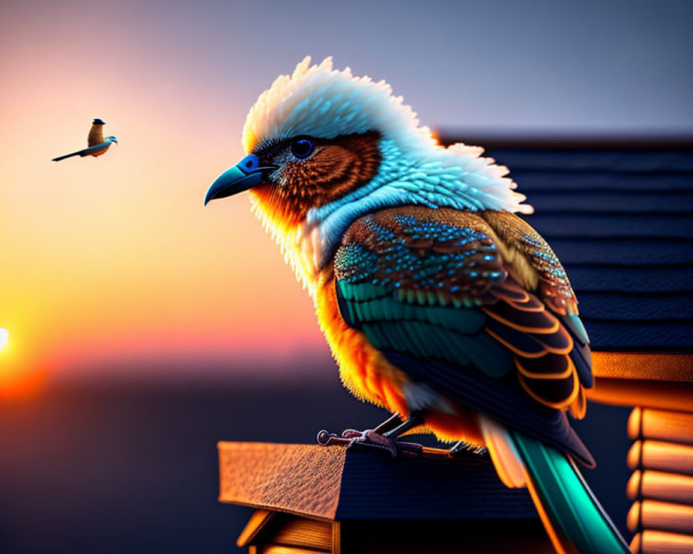 Colorful Bird Perched on Birdhouse at Sunset with Soft-focus Background