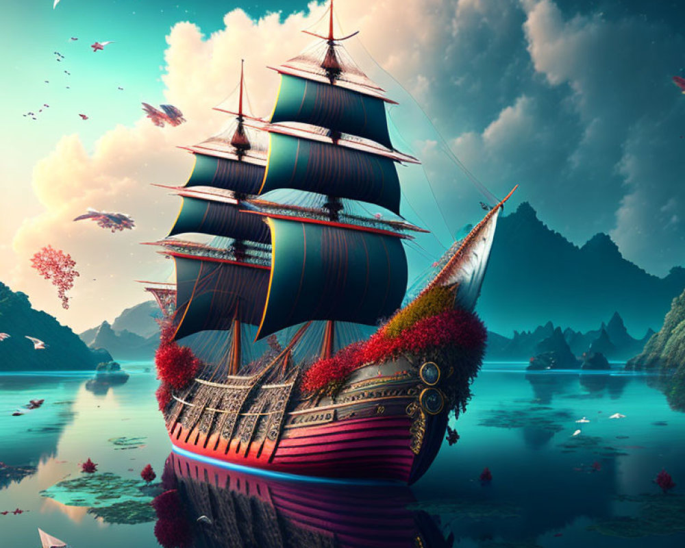 Sailing ship with vibrant sails on calm sea amidst rocky peaks at dusk