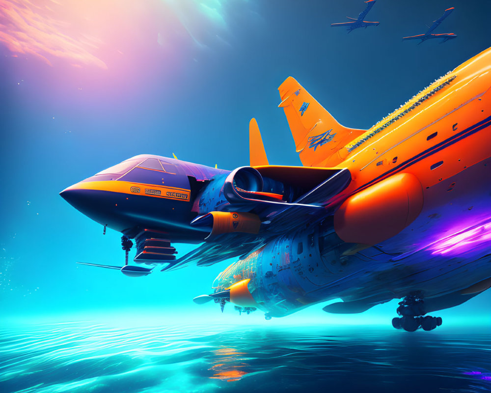 Colorful futuristic aircraft over ocean with diver and marine life.