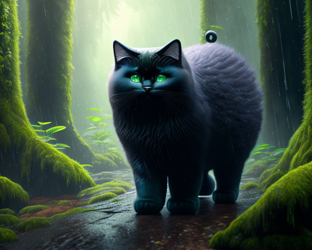 Plump black cat with green eyes in forest setting