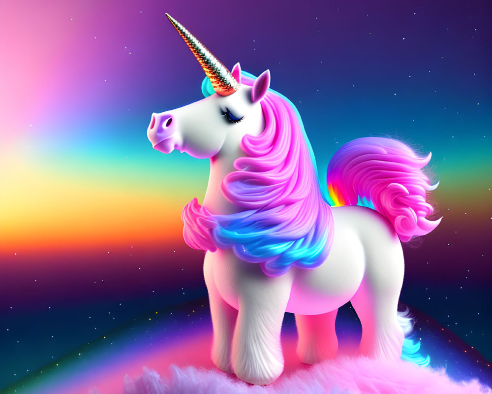 Illustrated unicorn with rainbow mane on fluffy cloud in vibrant twilight sky