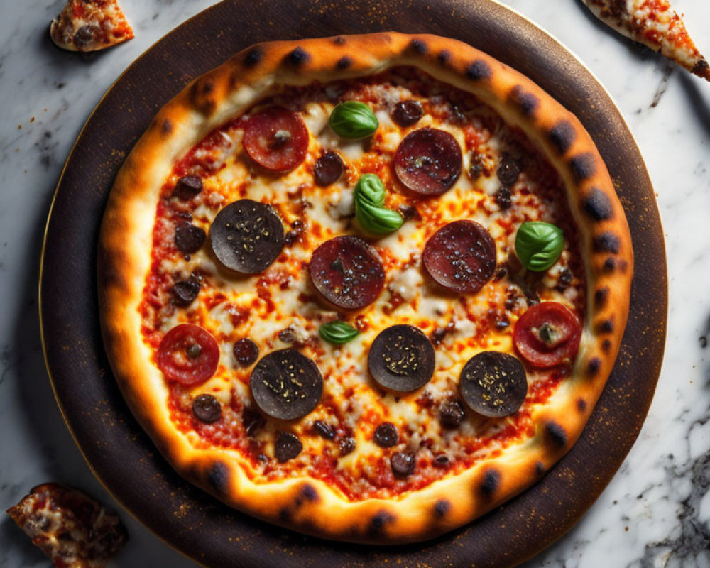 Pepperoni Pizza with Basil, Mushrooms on Dark Plate